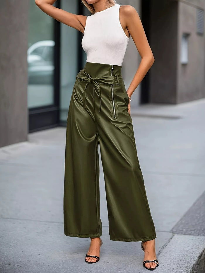 High-Waisted Faux Leather Wide-Leg Pants with Tie-Waist and Zipper Detail in Army Green