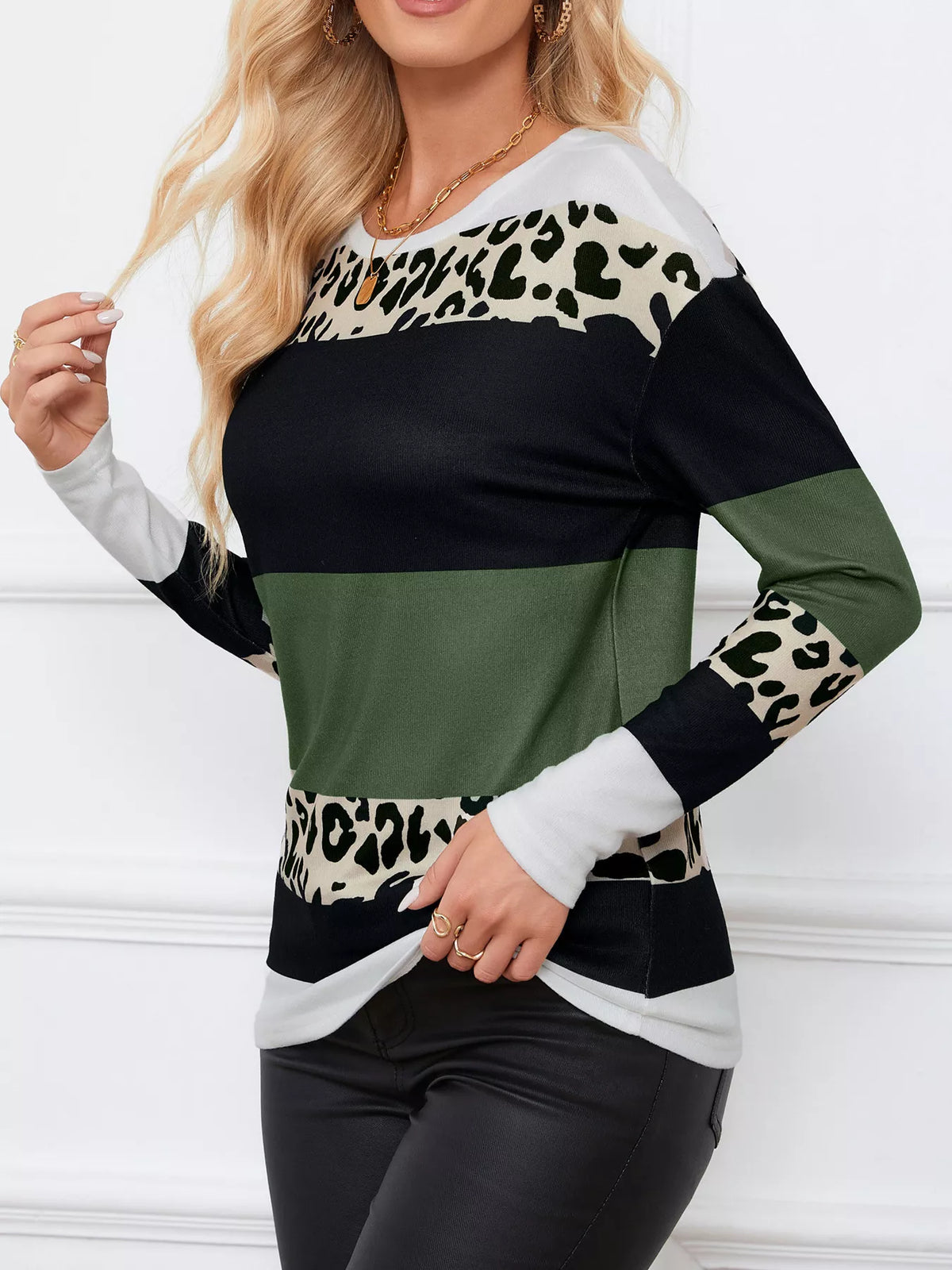 Leopard Color Block Striped Knit Top - Lilixa.store