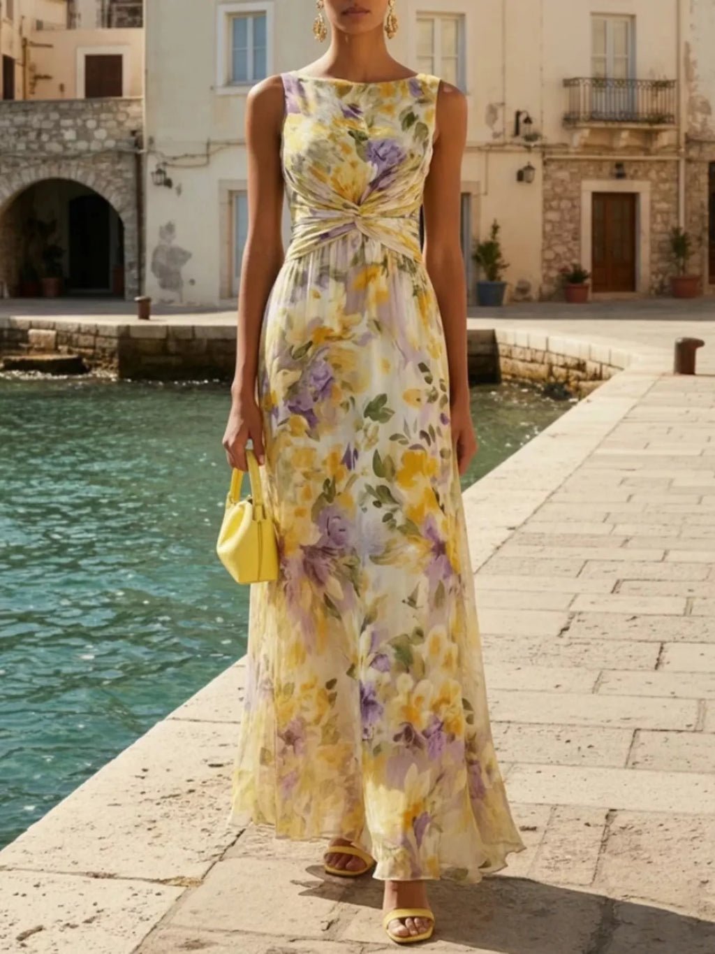 Floral Print Sleeveless Twist-Front Maxi Dress - Lilixa.store