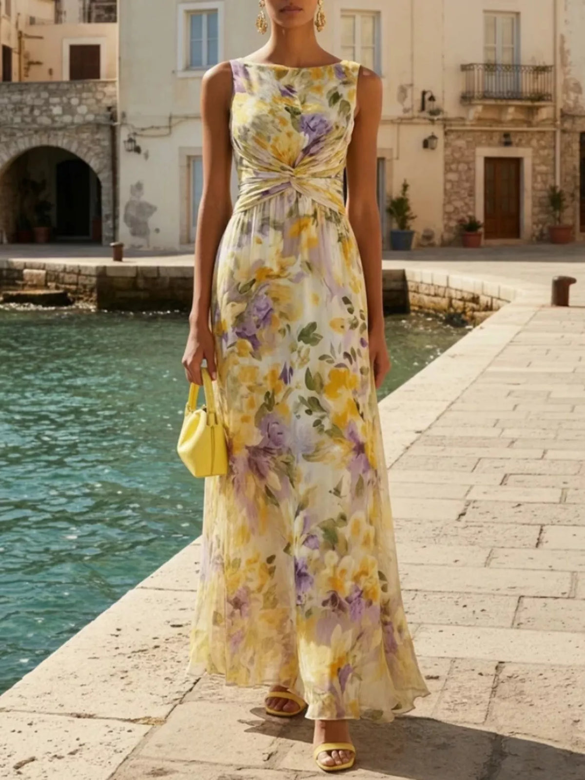 Floral Print Sleeveless Twist-Front Maxi Dress - Lilixa.store
