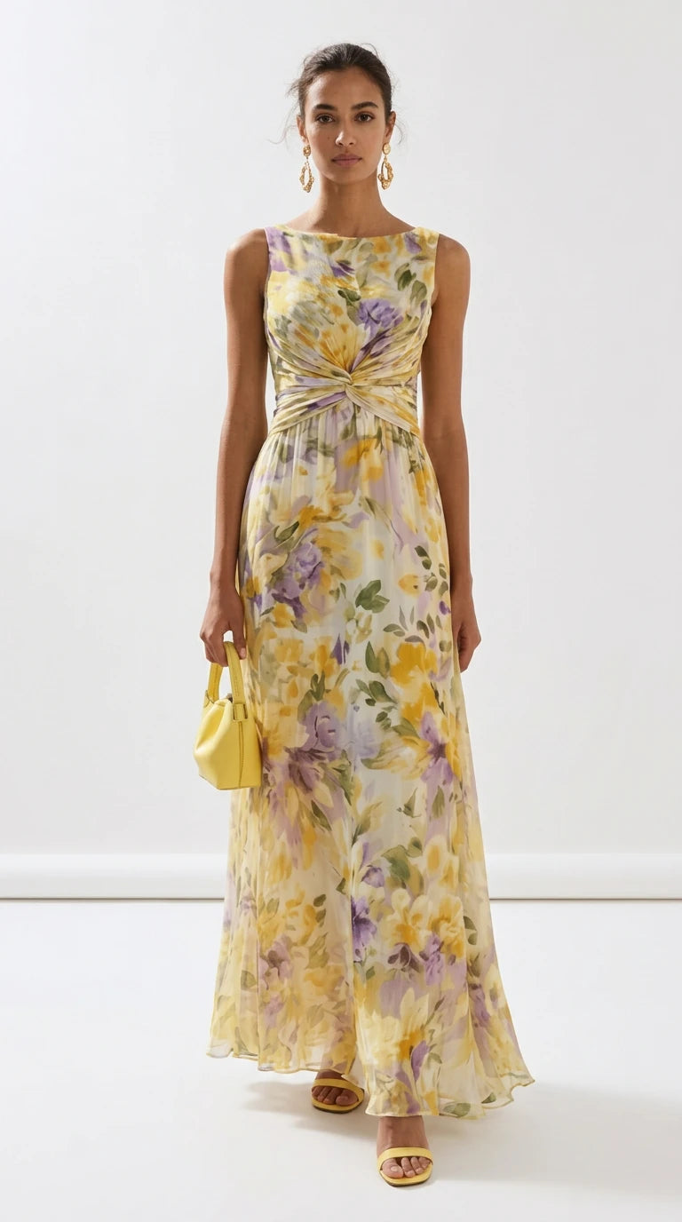Floral Print Sleeveless Twist-Front Maxi Dress in Yellow