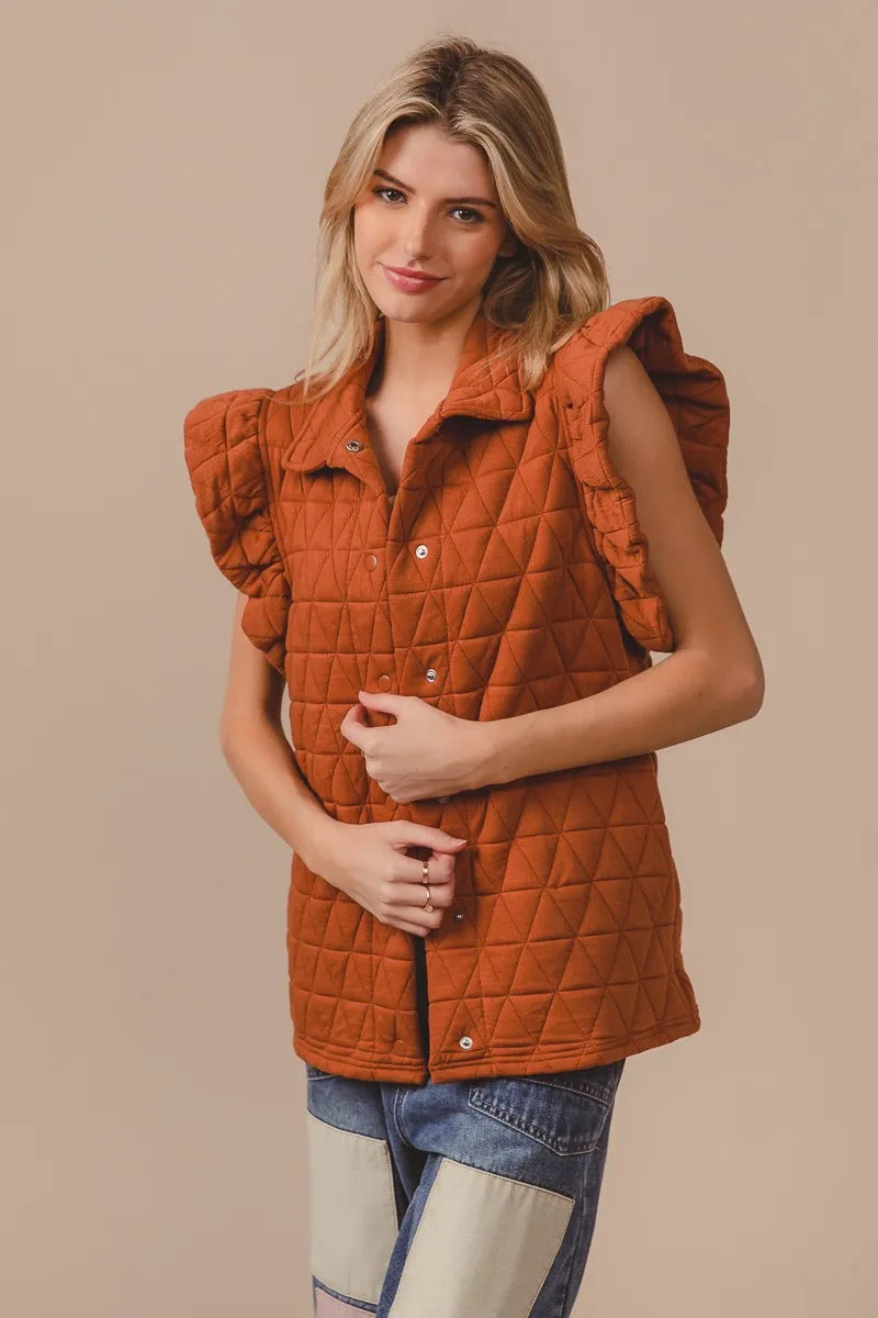 BiBi Quilting Knit Ruffle Sleeve Vest in Rust, view 9