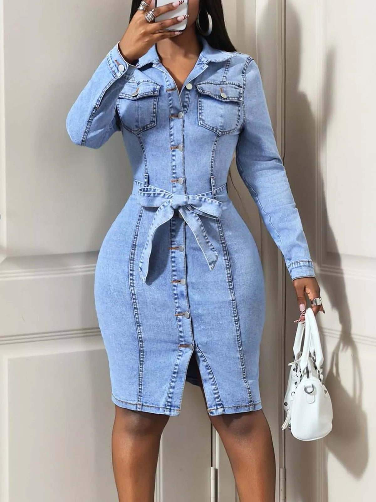 Button-Down Tie Waist Denim Dress