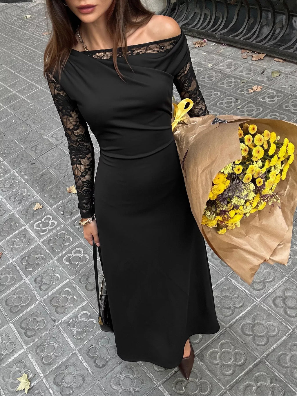 One-Shoulder Lace Sleeve Maxi Dress - Lilixa.store