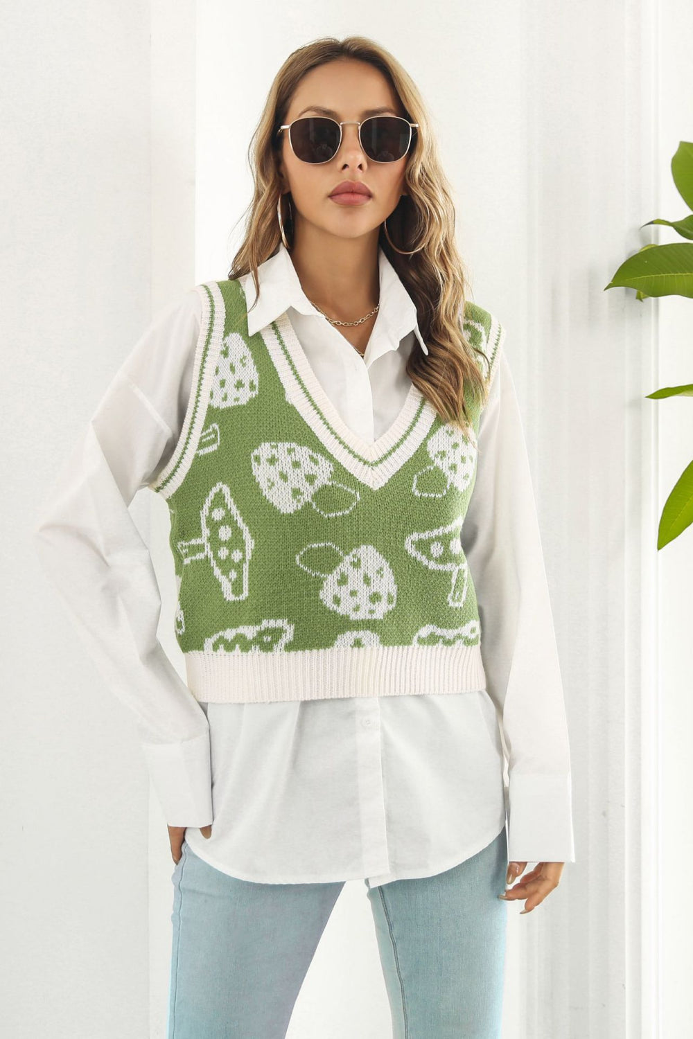 Printed Plunge Neck Sweater Vest, view 3
