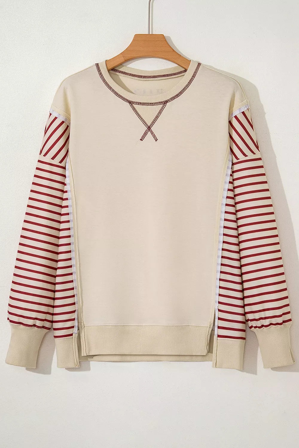Slit Striped Long Sleeve Sweatshirt - Lilixa.store