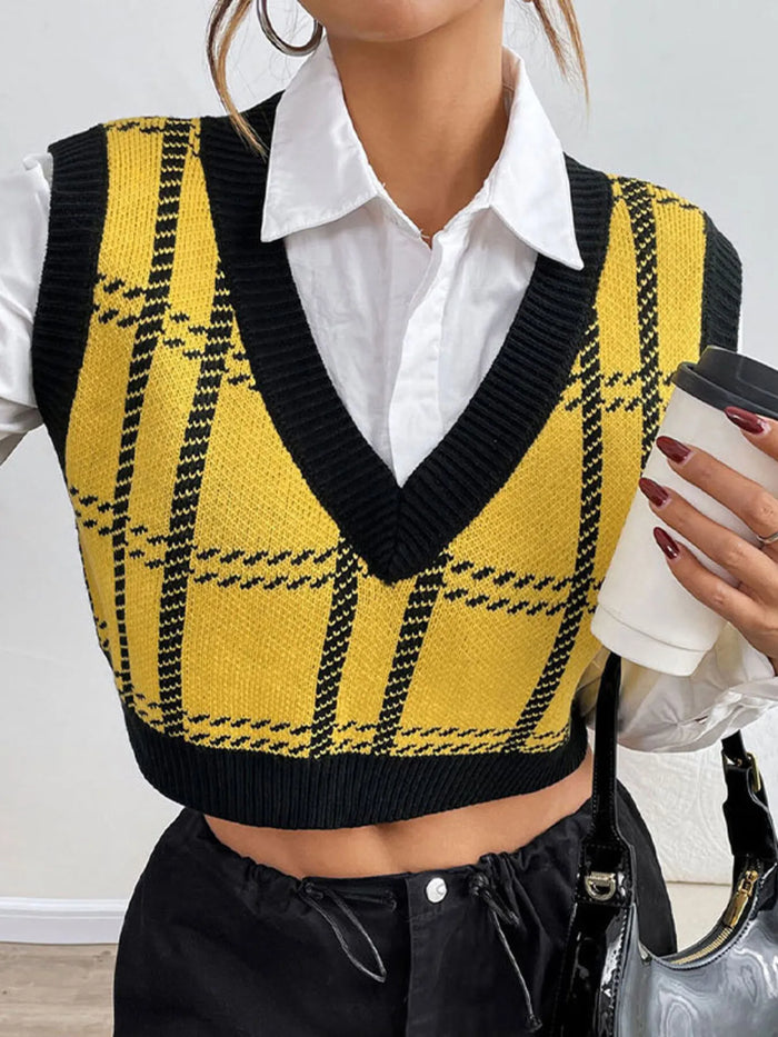 Plaid V-Neck Cropped Sweater Vest in Yellow