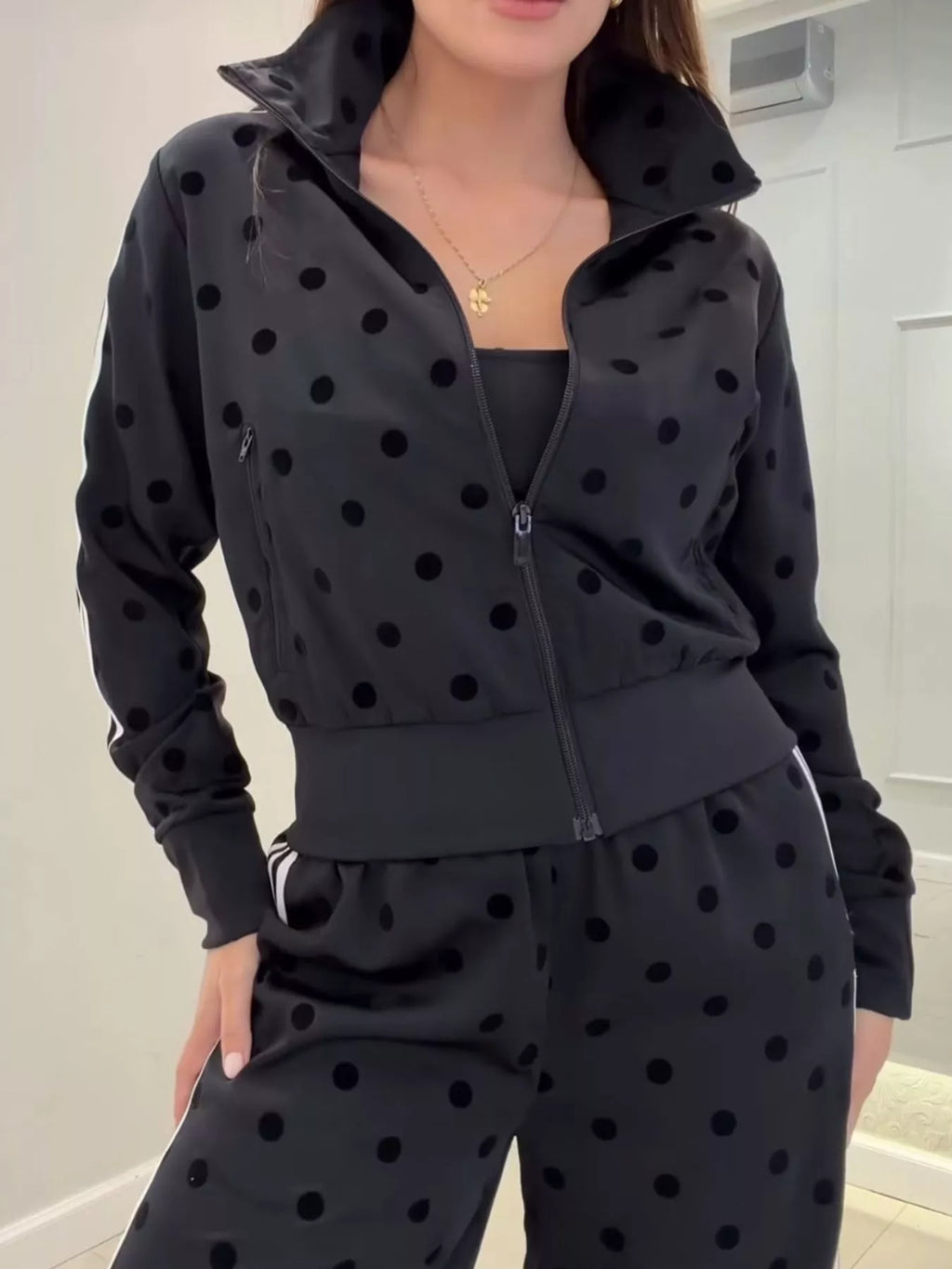 Polka Dot Side Striped Outerwear and Pants Set - Lilixa.store