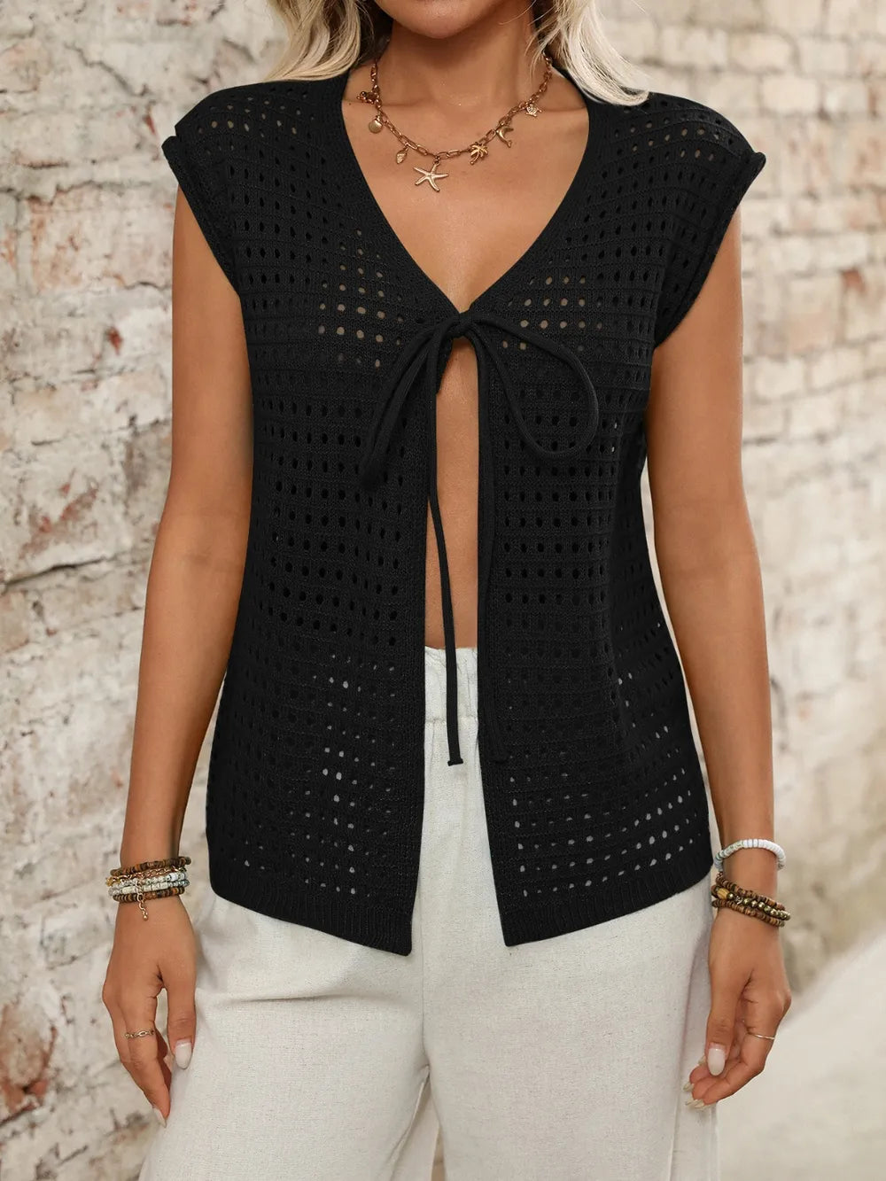 Tied Front Openwork V-Neck Knit Top, view 11
