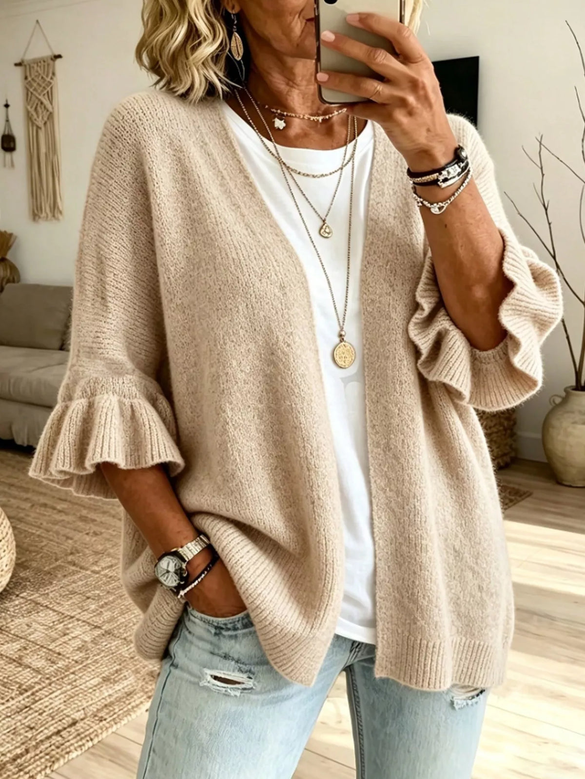 Full Size Ruffle Sleeve Open-Front Cardigan Plus Size - Lilixa.store