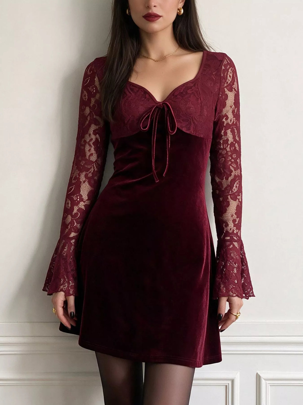 Lace Flare Sleeve Mini Dress in Burgundy, view 3