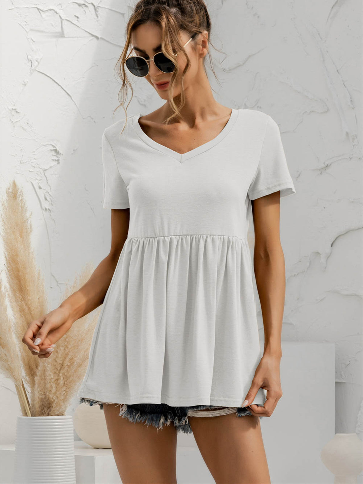V-Neck Short Sleeve Babydoll Top, view 4