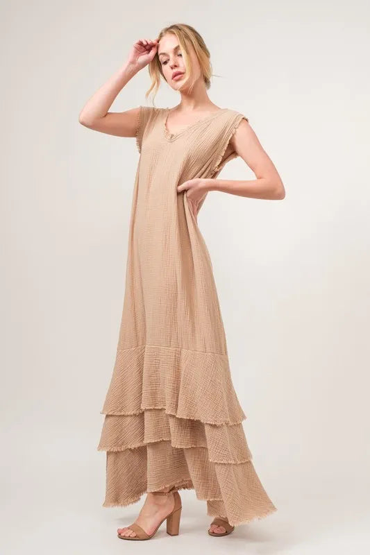 And The Why Washed Fringe Detail Tiered Dress
