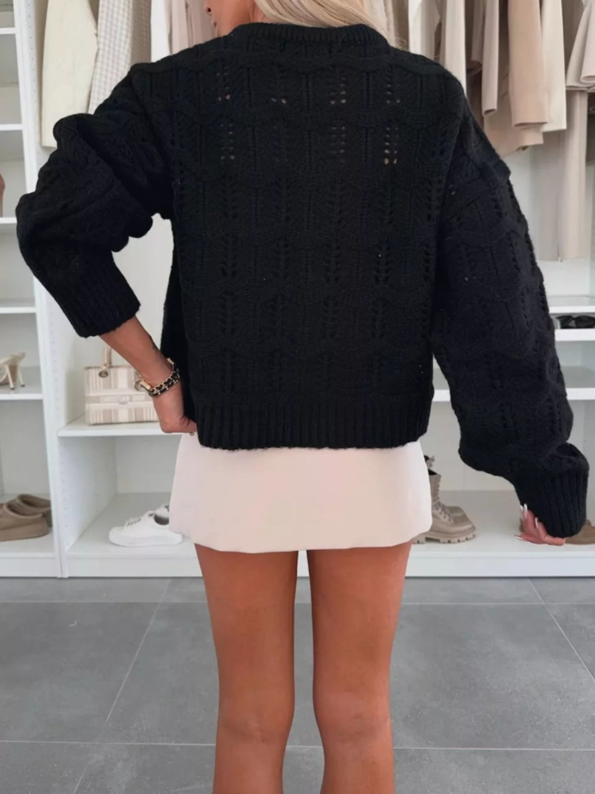 Openwork Round Neck Sweater - Lilixa.store