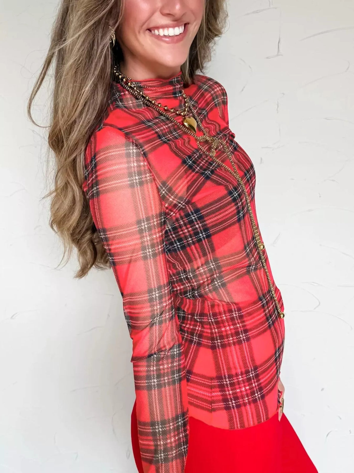 Sheer Plaid Mock Neck Long Sleeve Blouse in Deep Rose, view 4