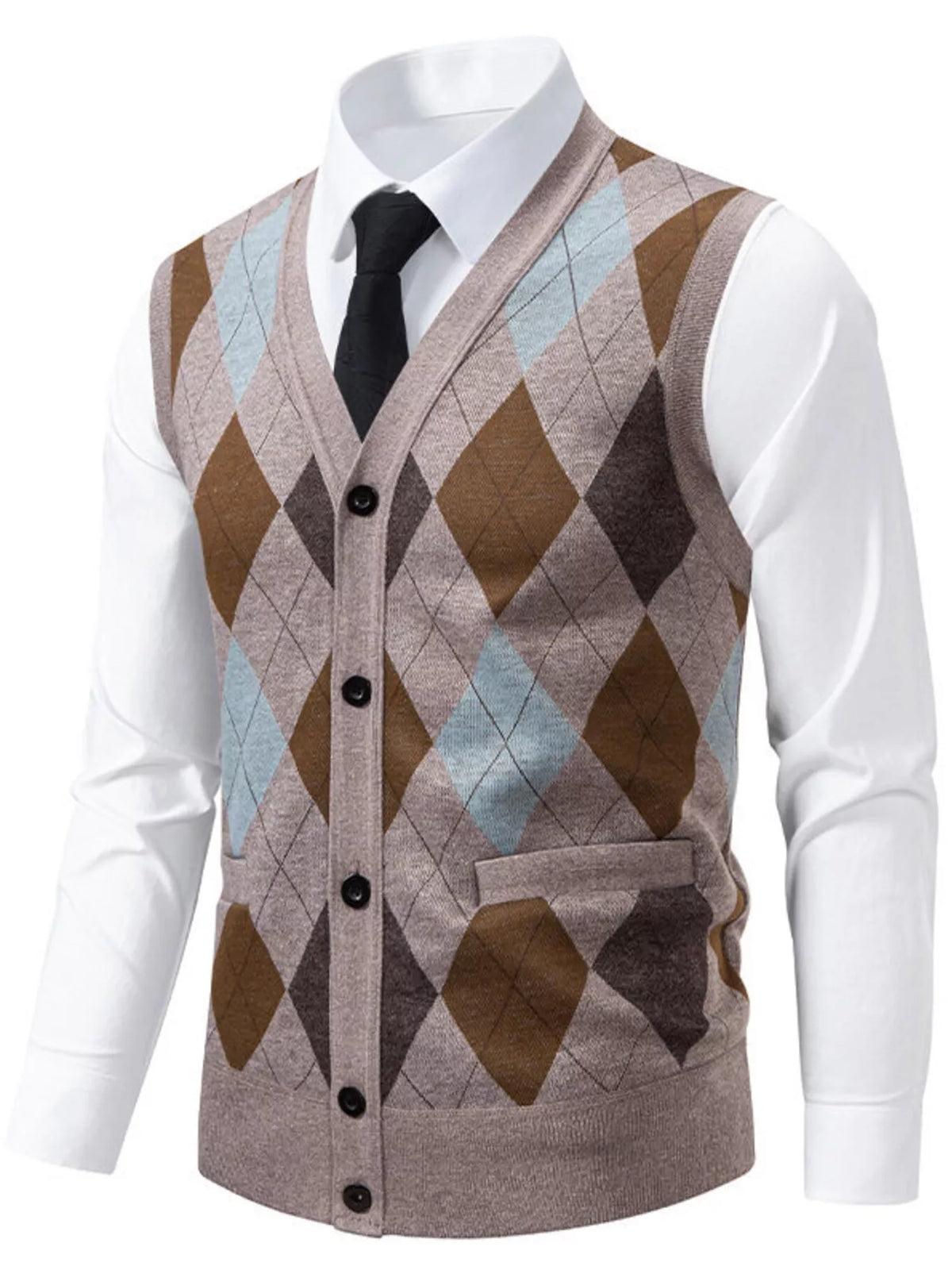 Men's Plus Size Argyle Pattern V-Neck Button-Down Cardigan Vest - Lilixa.store