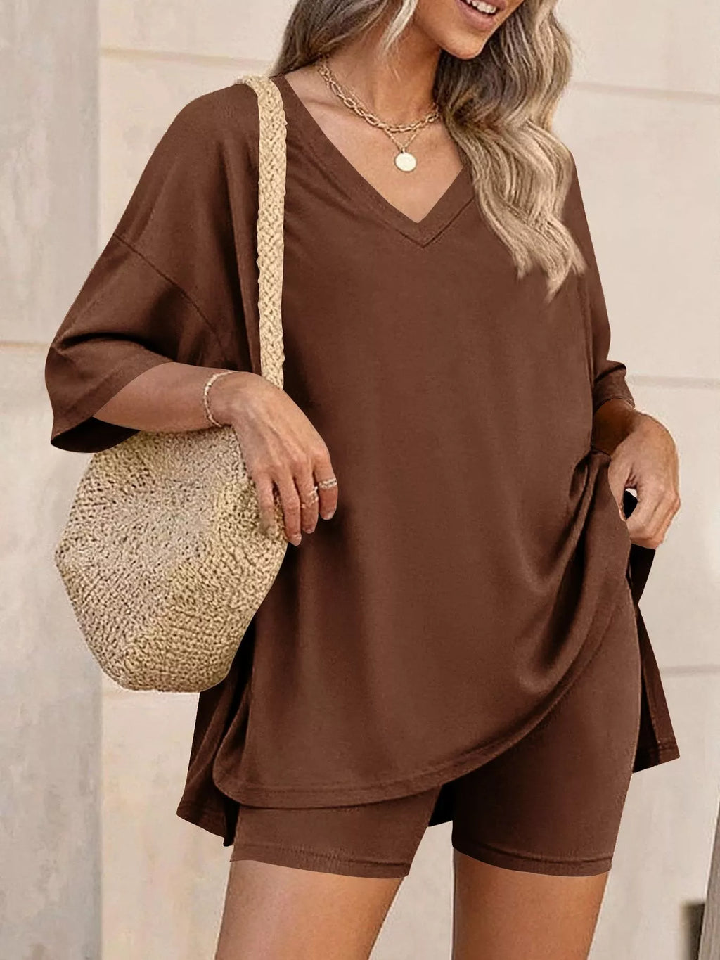 Full Size Casual Loose V-Neck T-Shirt & Shorts Set Plus Size - Lilixa.store
