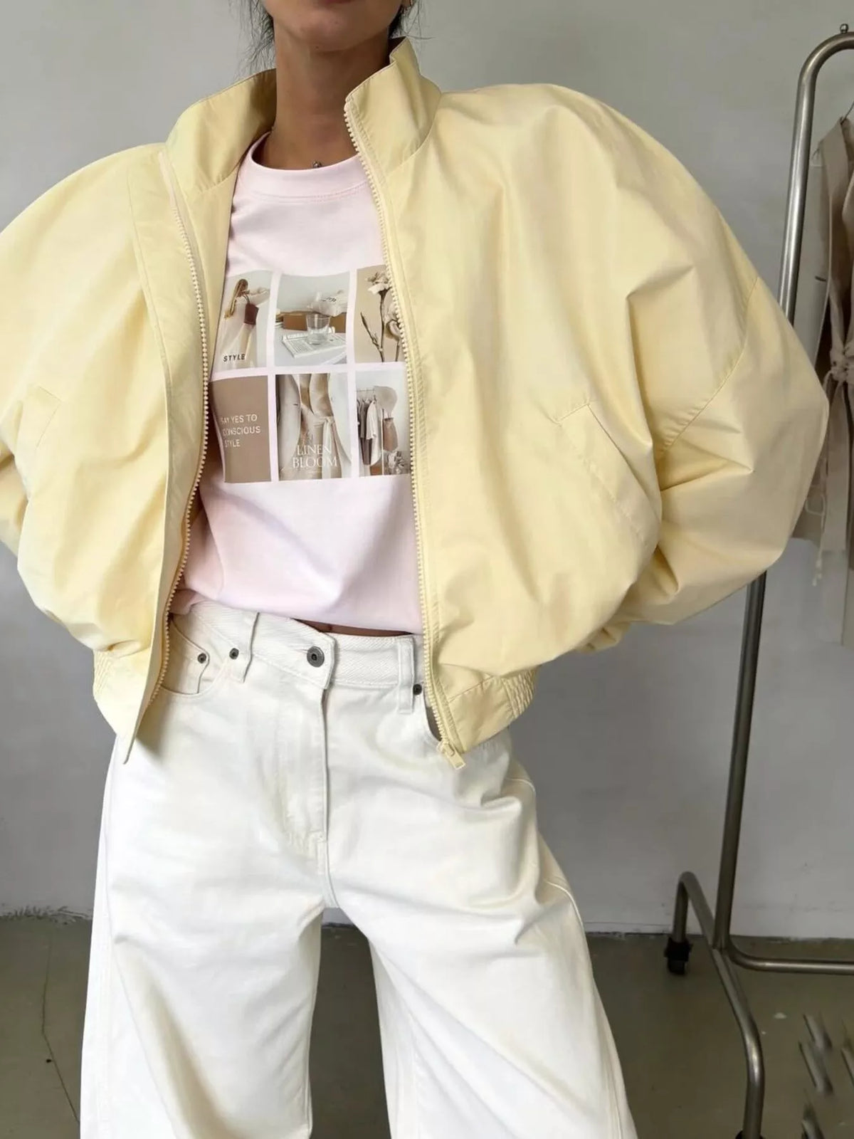Zip Up Oversized Bomber Jacket in Pastel Yellow