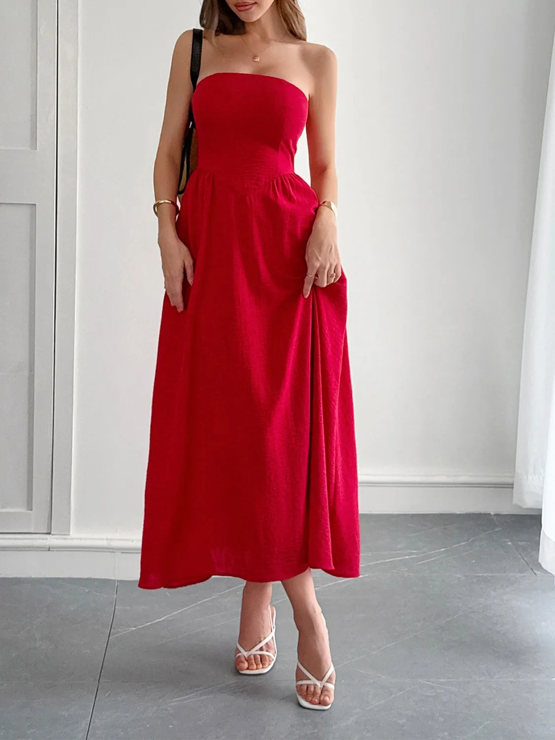 Strapless A-Line Midi Dress with Pockets - Lilixa.store