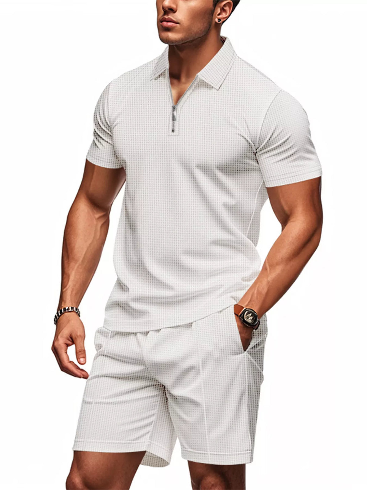 Men's Plus Size Quarter Zipper Polo Shirt and Shorts Set