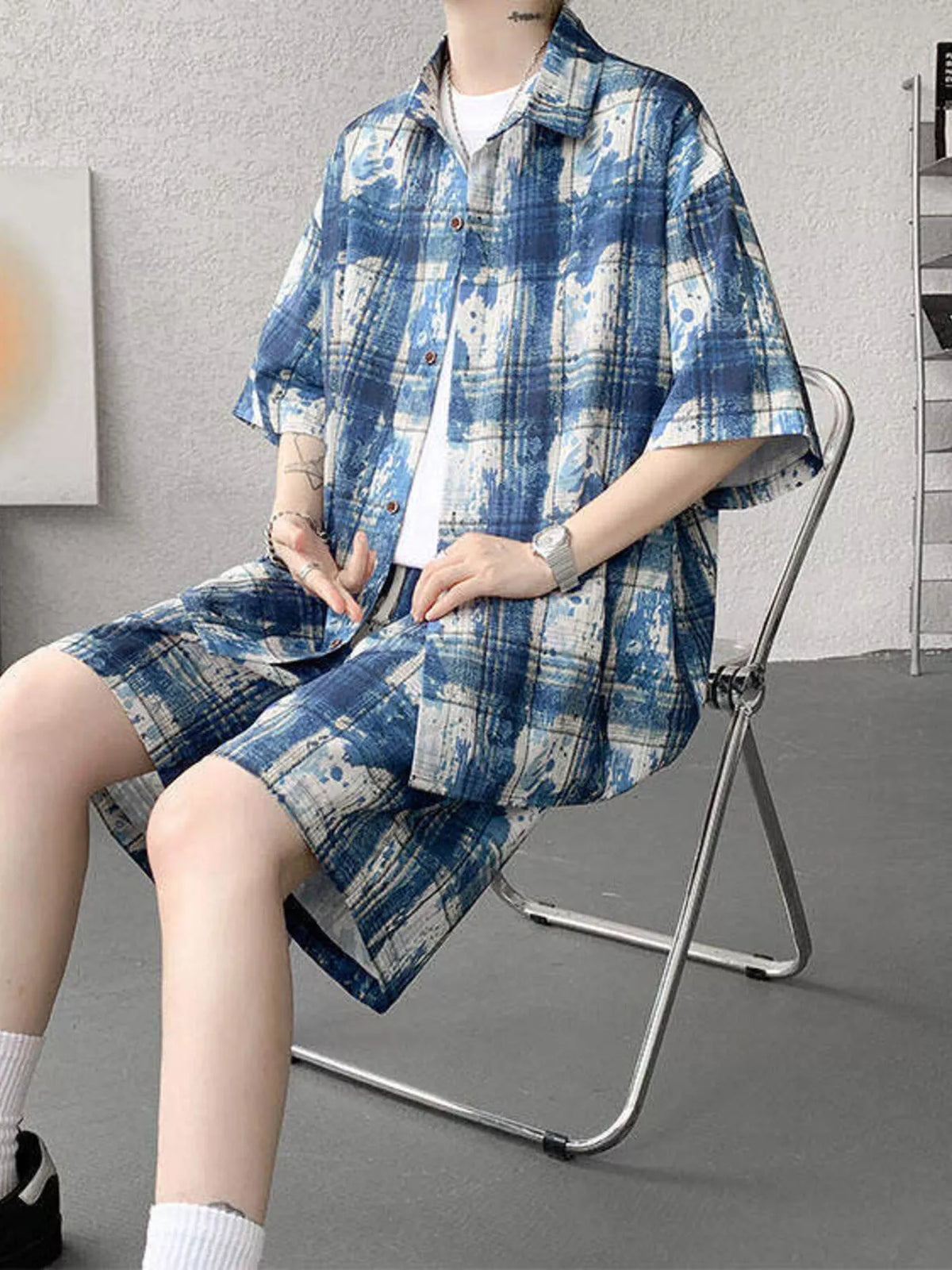 Men's Plus Size Casual Plaid Print Shirt & Shorts Set, view 5