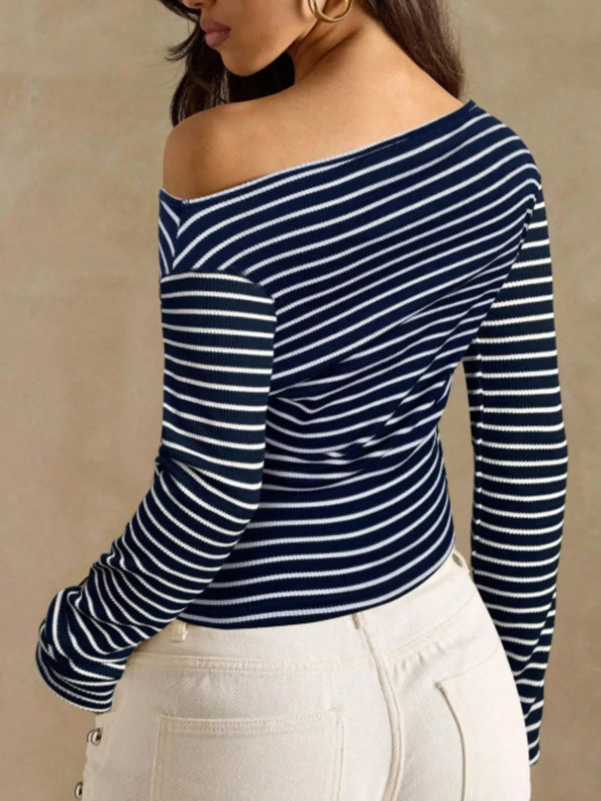 Off-Shoulder Striped Ribbed Long Sleeve T-Shirt, view 16