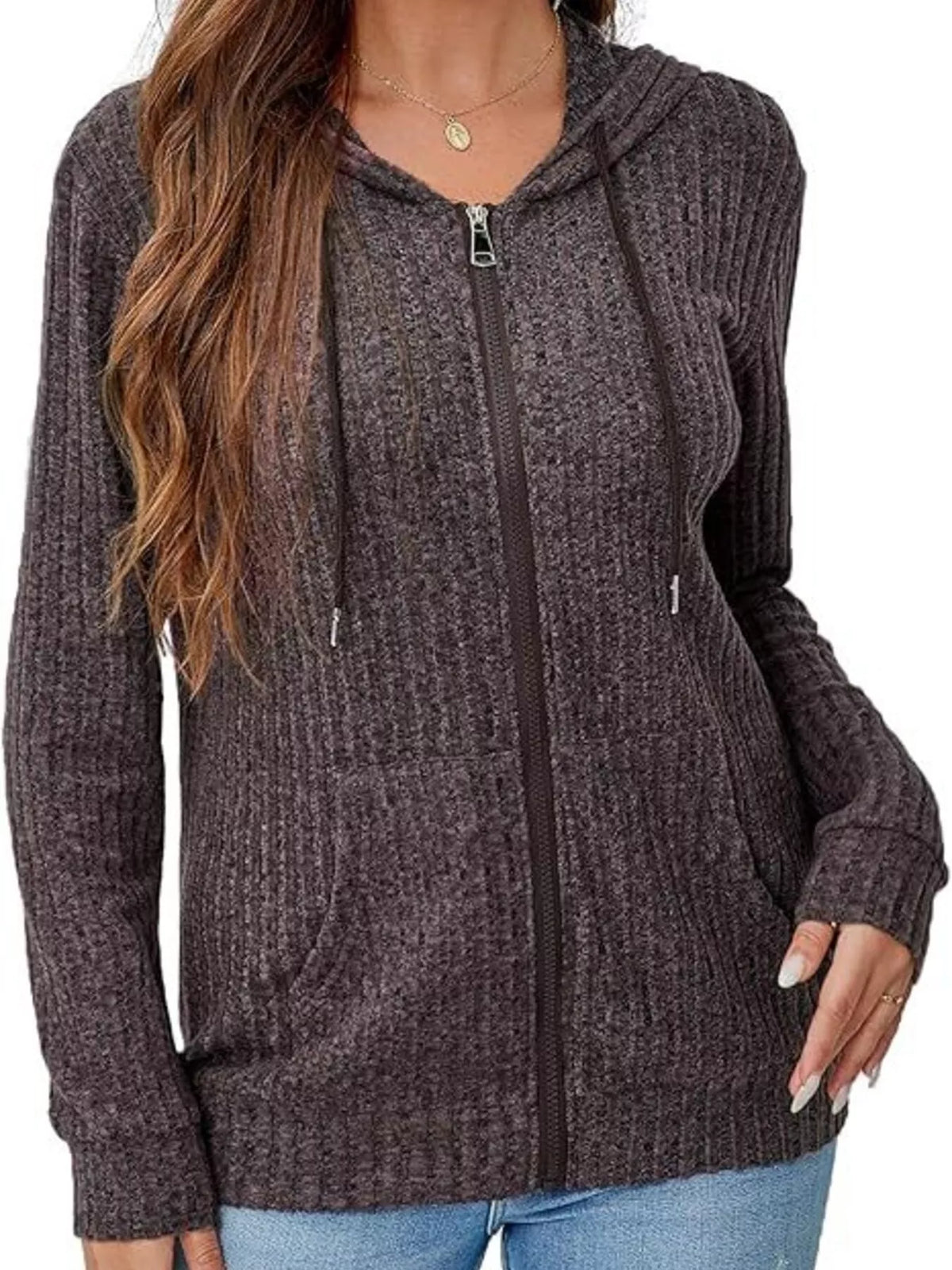 Ribbed Zip Up Hooded Outerwear - Lilixa.store