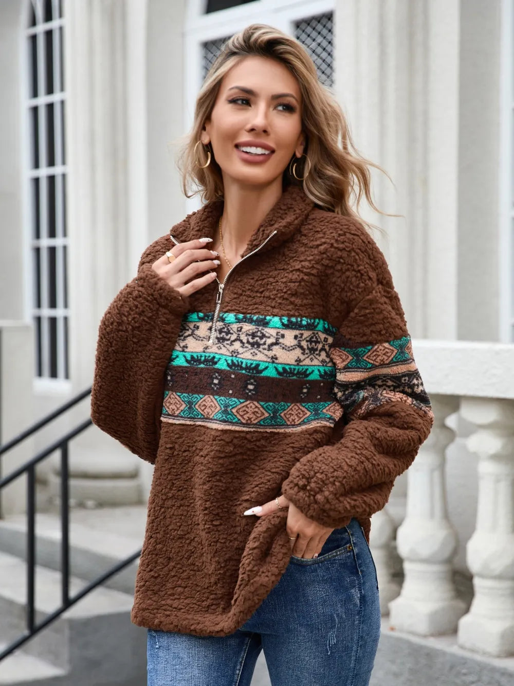 Half Zip Long Sleeve Fuzzy Top - Lilixa.store