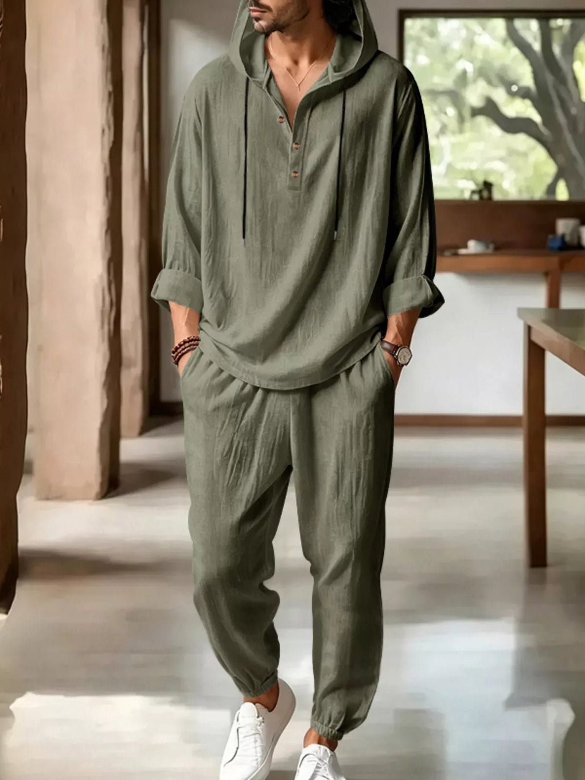 Men's Full Size Casual Button Detail Hooded Top and Pants Set Plus Size - Lilixa.store