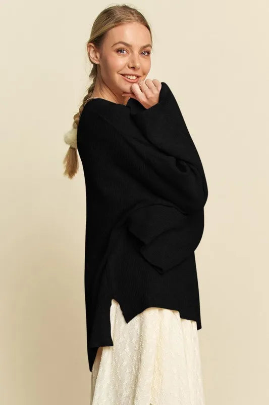 Davi & Dani High-Low Round Neck Drop Shoulder Sweater - Lilixa.store
