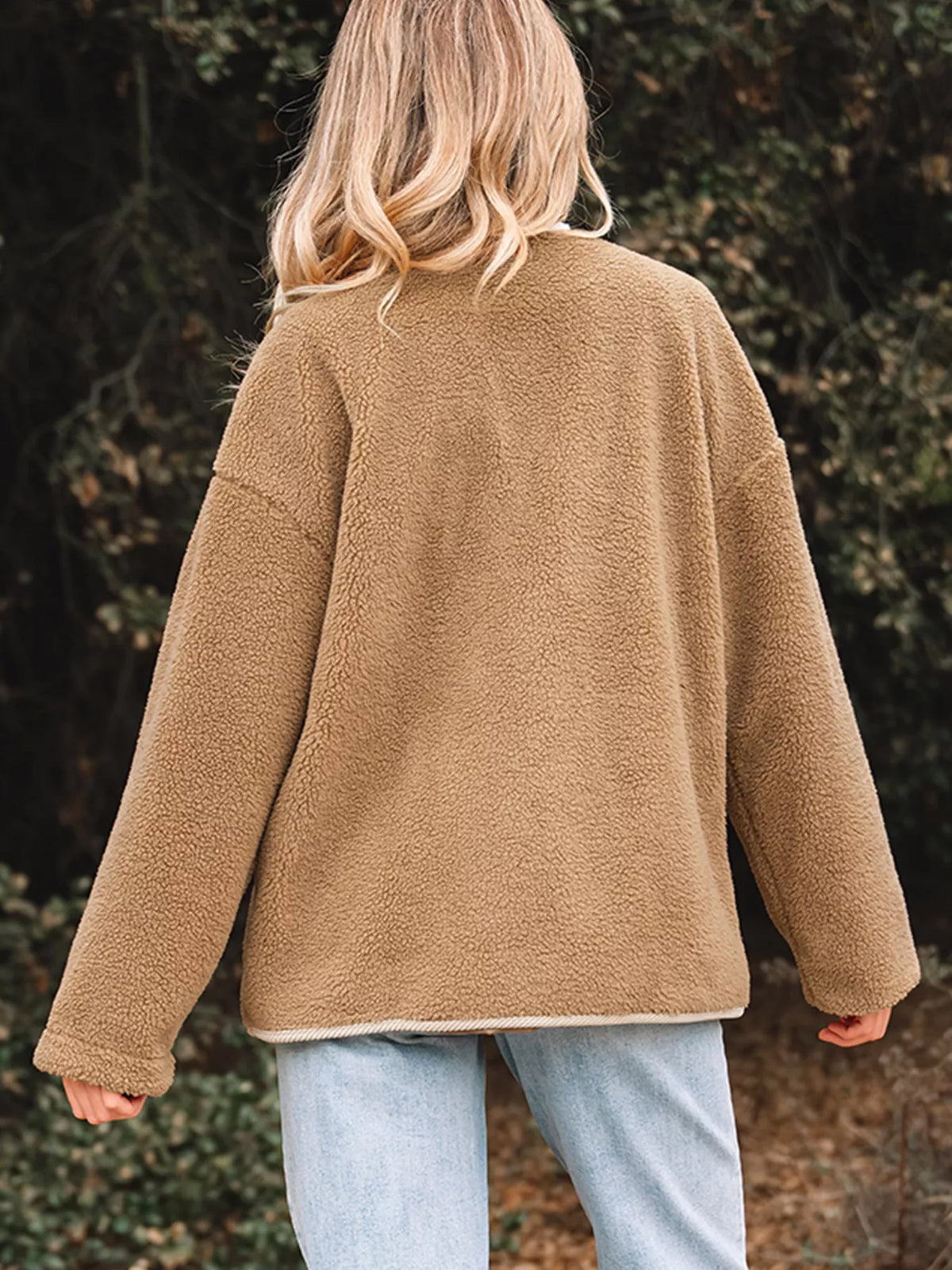 Puffy Plush Corduroy Edge Patchwork Jacket with Pockets in Camel, view 3