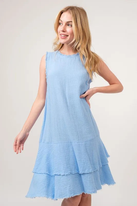 And The Why Washed Fringe Detail Tiered Dress in Baby Blue