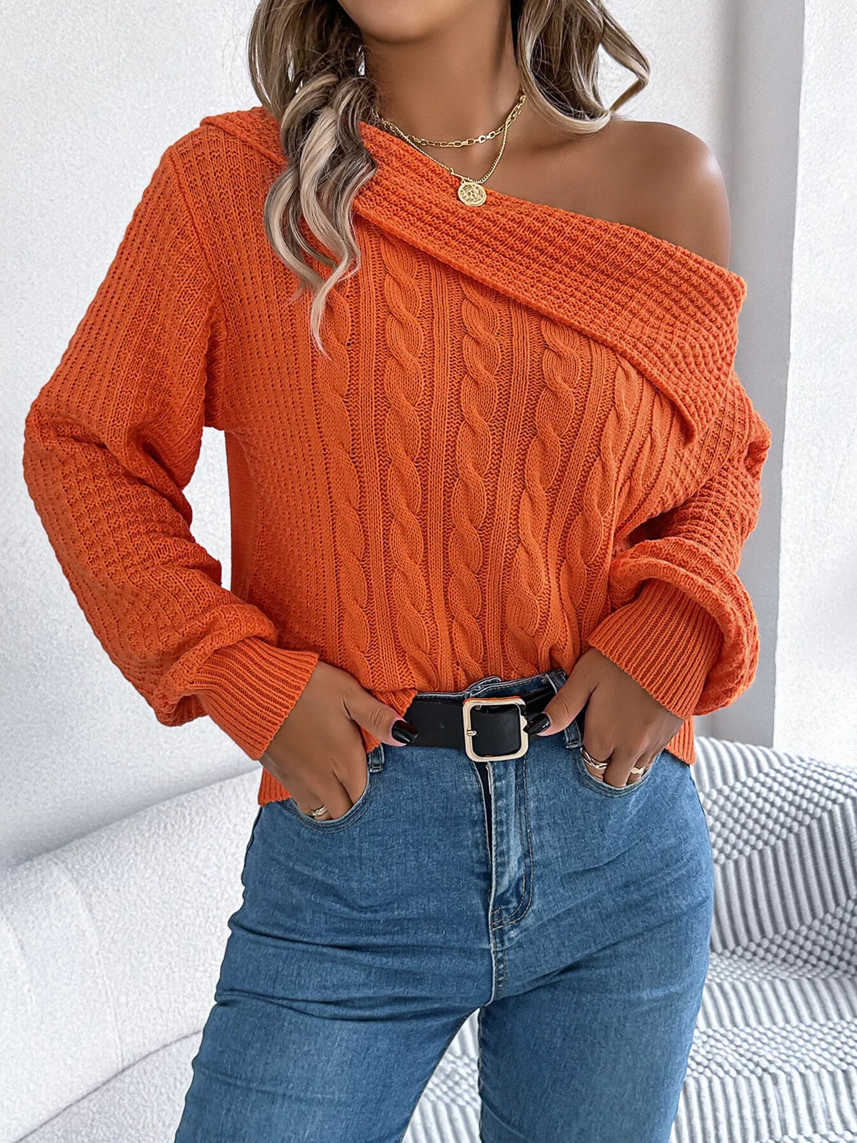 One Shoulder Cable Knit Sweater