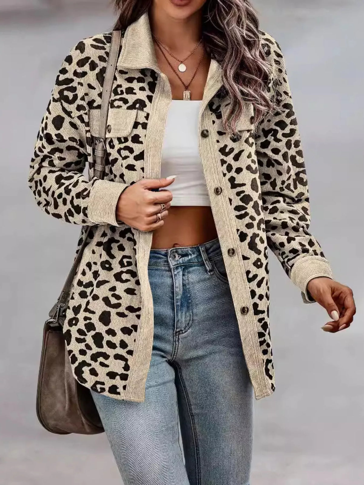 Full Size Leopard Print Button-Down Jacket Plus Size in Apricot