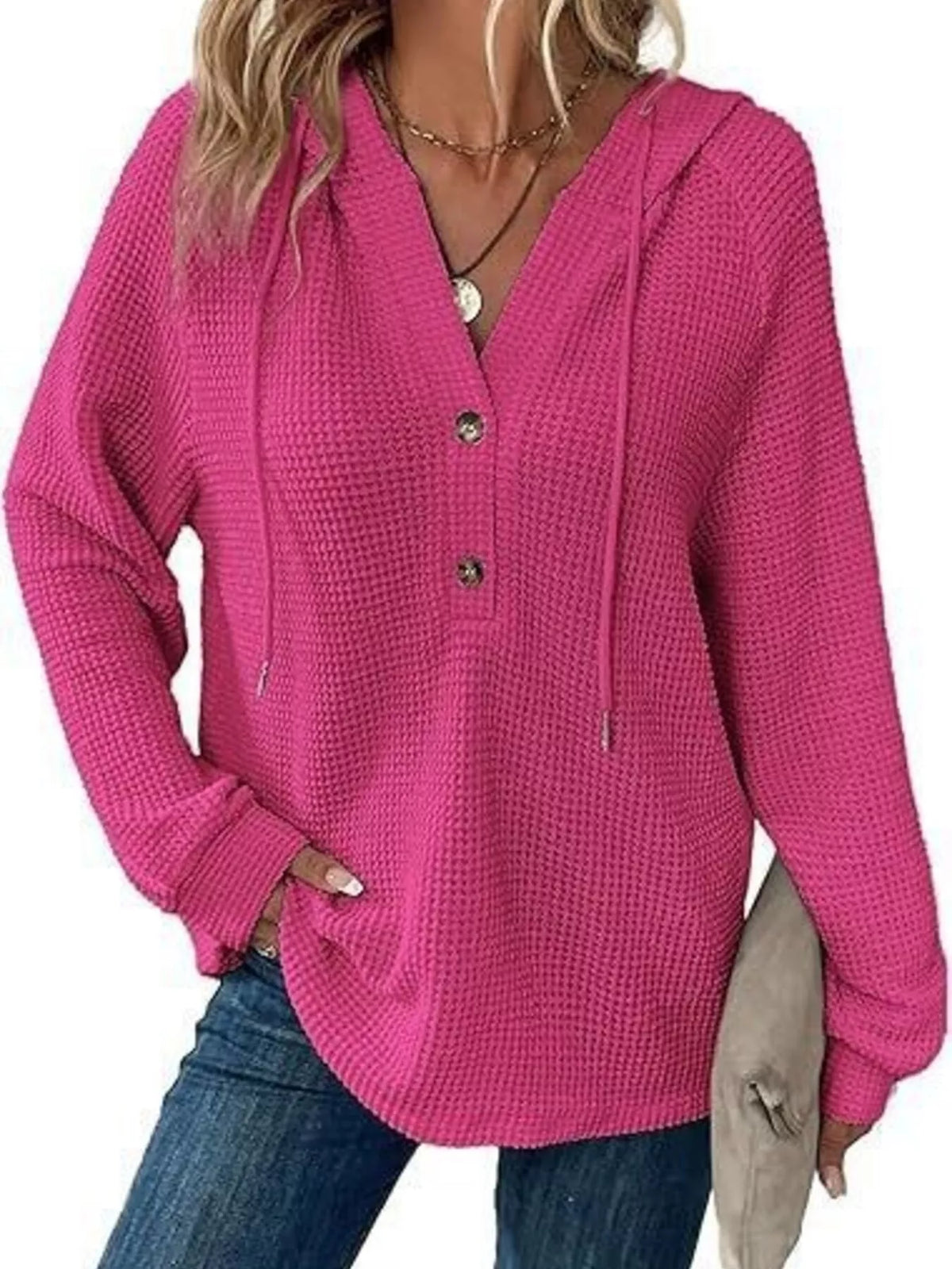 Full Size Waffle Knit Half-Button Hoodie Plus Size - Lilixa.store