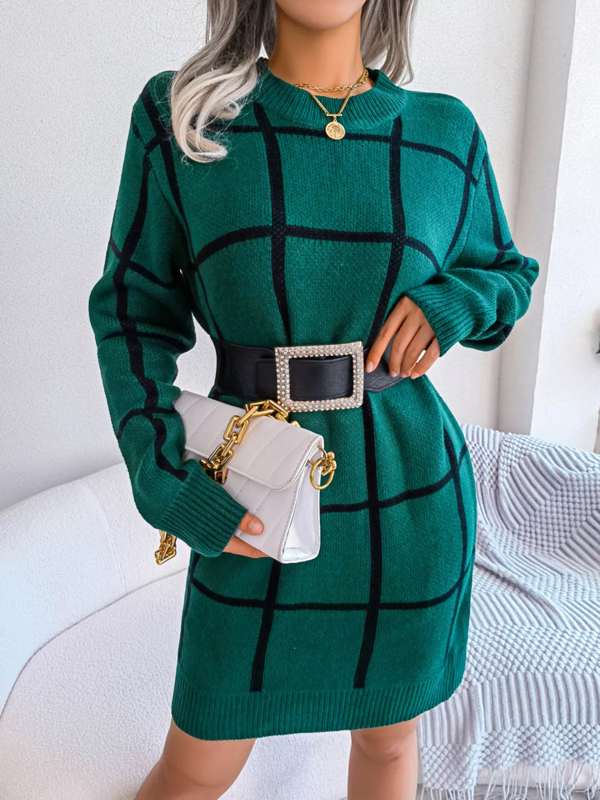 Plaid Pattern Long Sleeve Sweater Dress, view 3