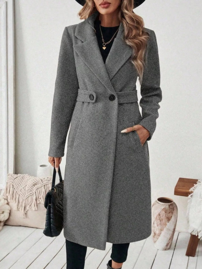 Full Size Elegant Lapel Collar Belted Coat with Pockets Plus Size in Gray