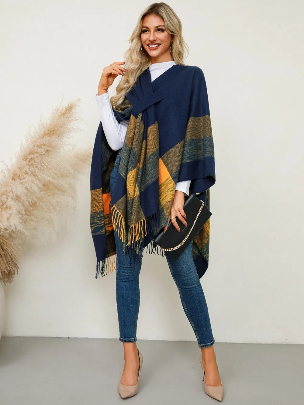 Fringe Contrast Plaid Poncho - Lilixa.store