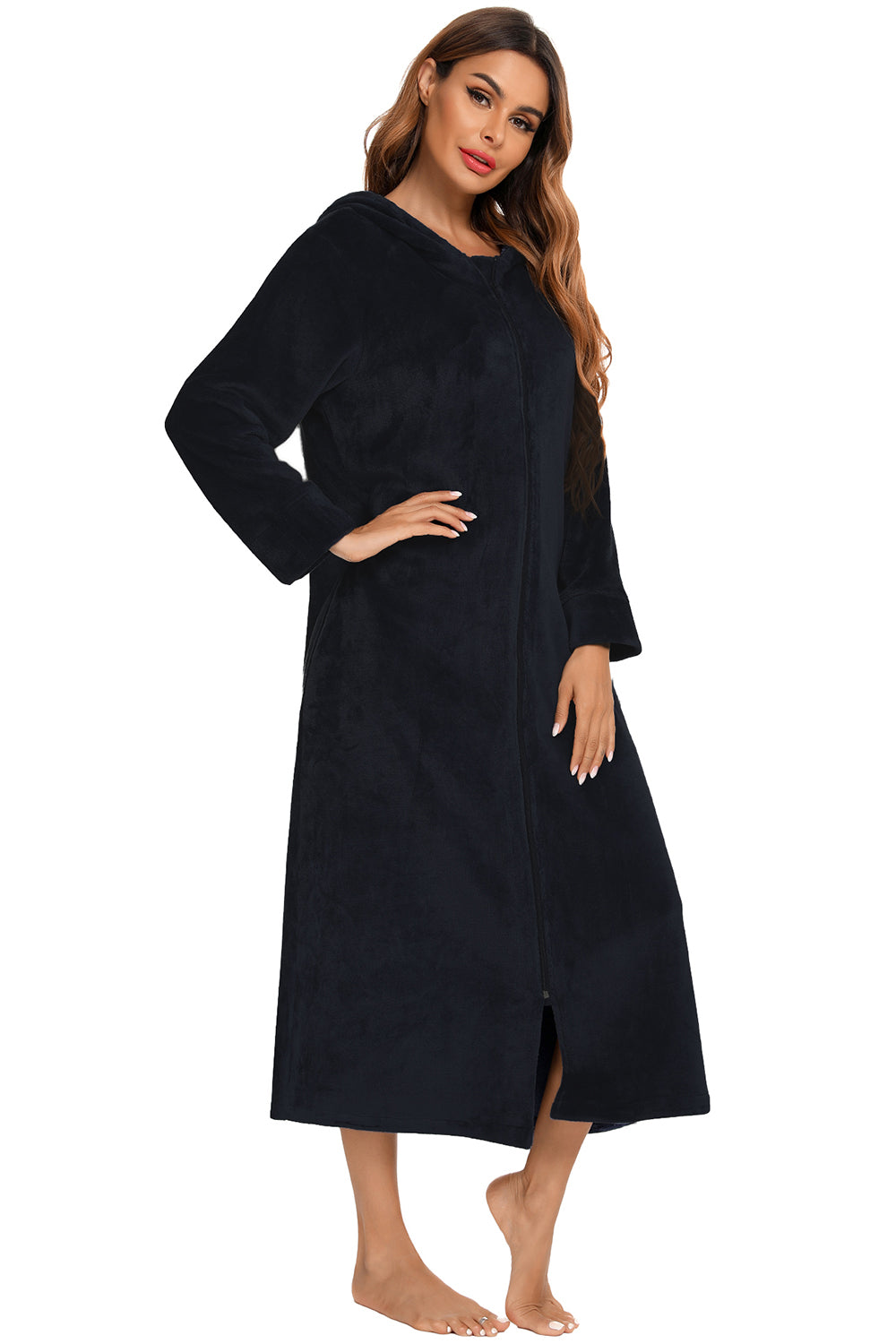 Zip Front Hooded Night Dress with Pockets - Lilixa.store