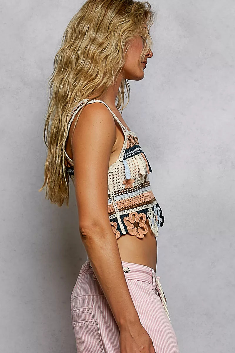 POL Cutout Flower Cropped Crochet Cami with with Dangle Detail - Lilixa.store
