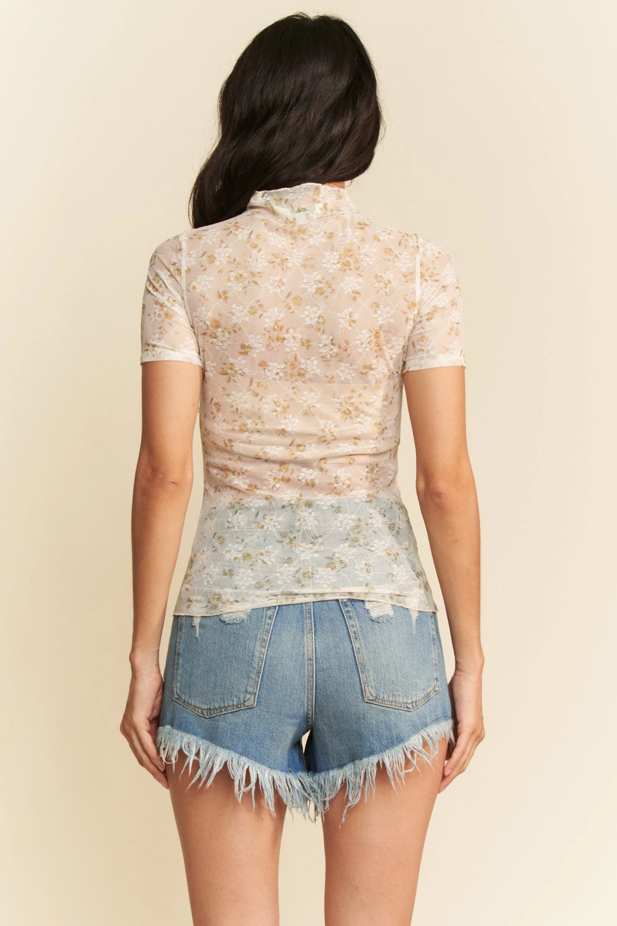Davi & Dani Floral Mesh Mock Neck Short Sleeve Top - Lilixa.store