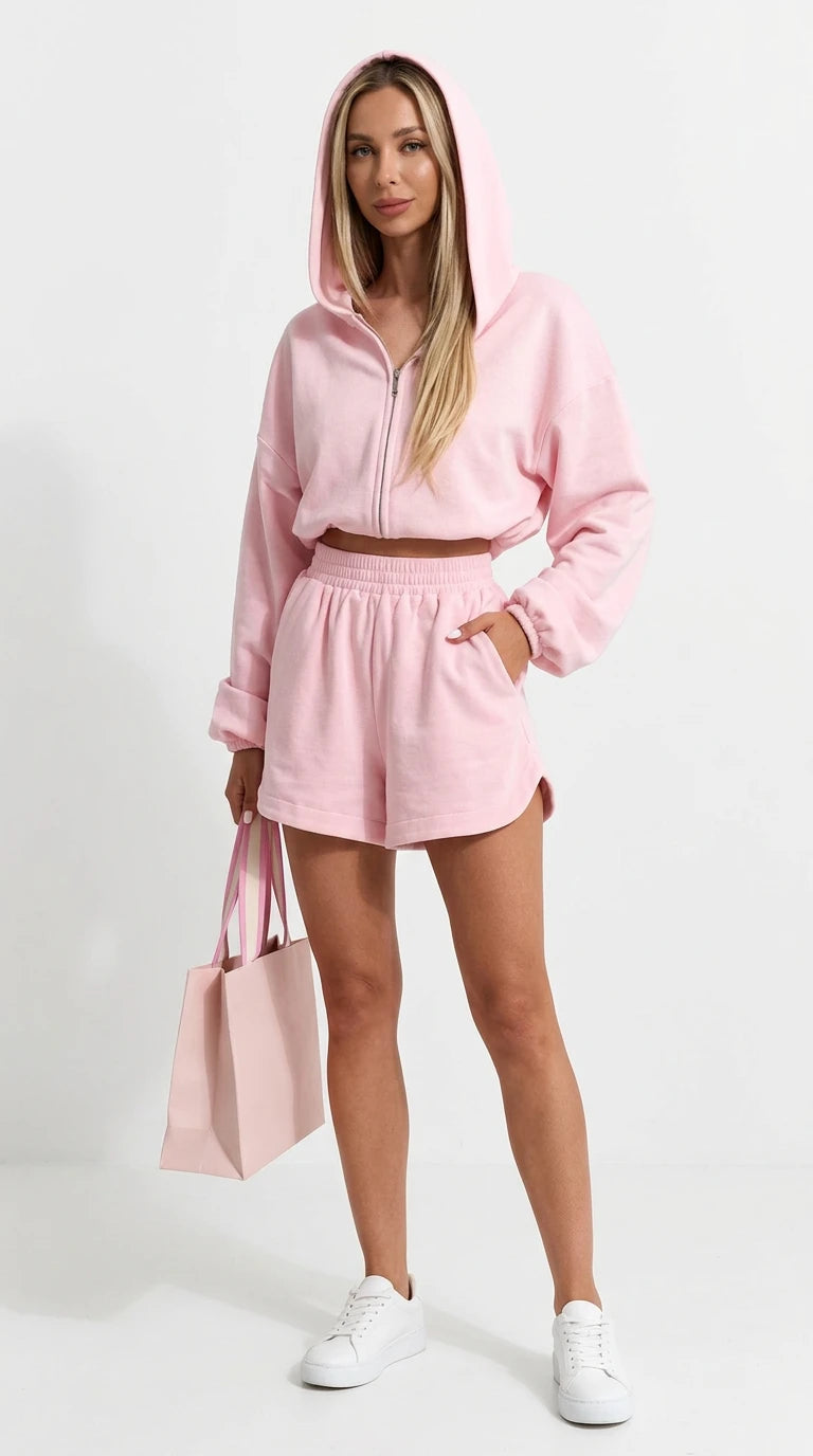 Zip Up Crop Hoodie and Shorts Set in Pink