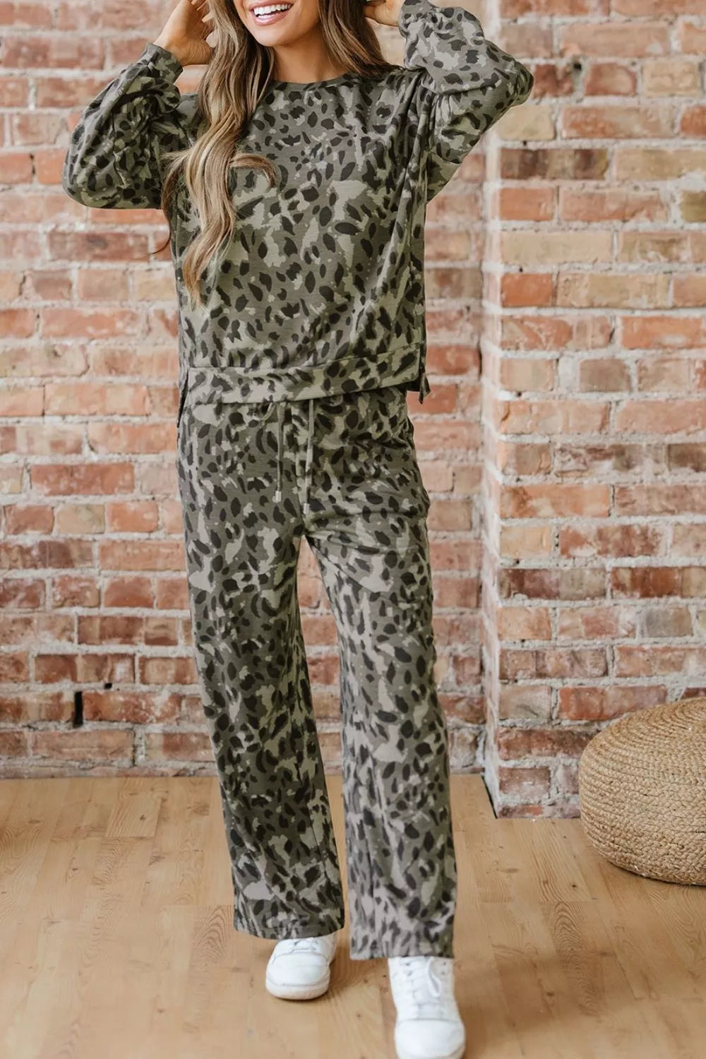 Leopard Print Long Sleeve Top and Pants Set, view 12