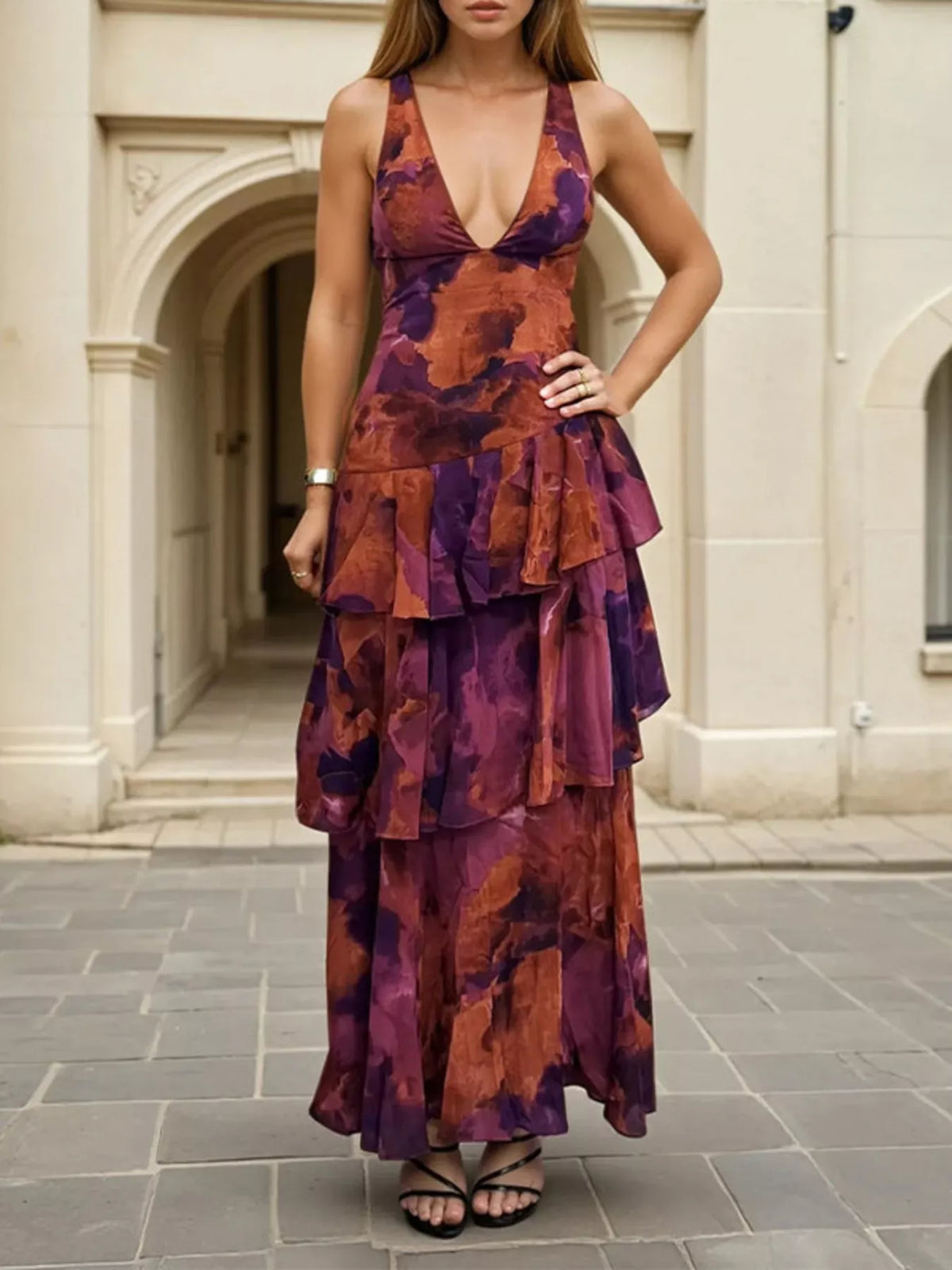 Floral V-Neck Ruffle Layered Maxi Dress - Lilixa.store