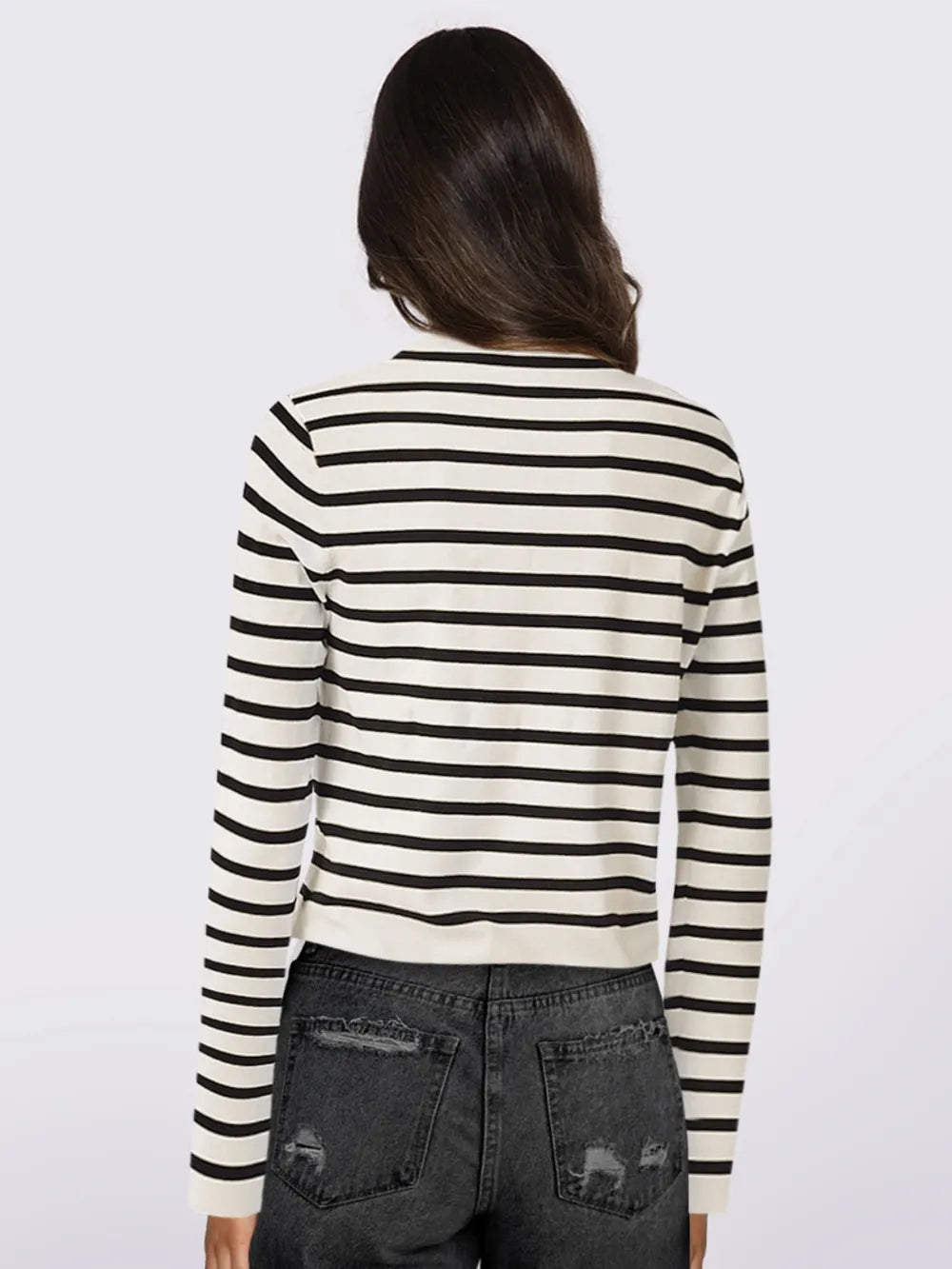 Striped Round Neck Button Up Long Sleeve Cardigan - Lilixa.store