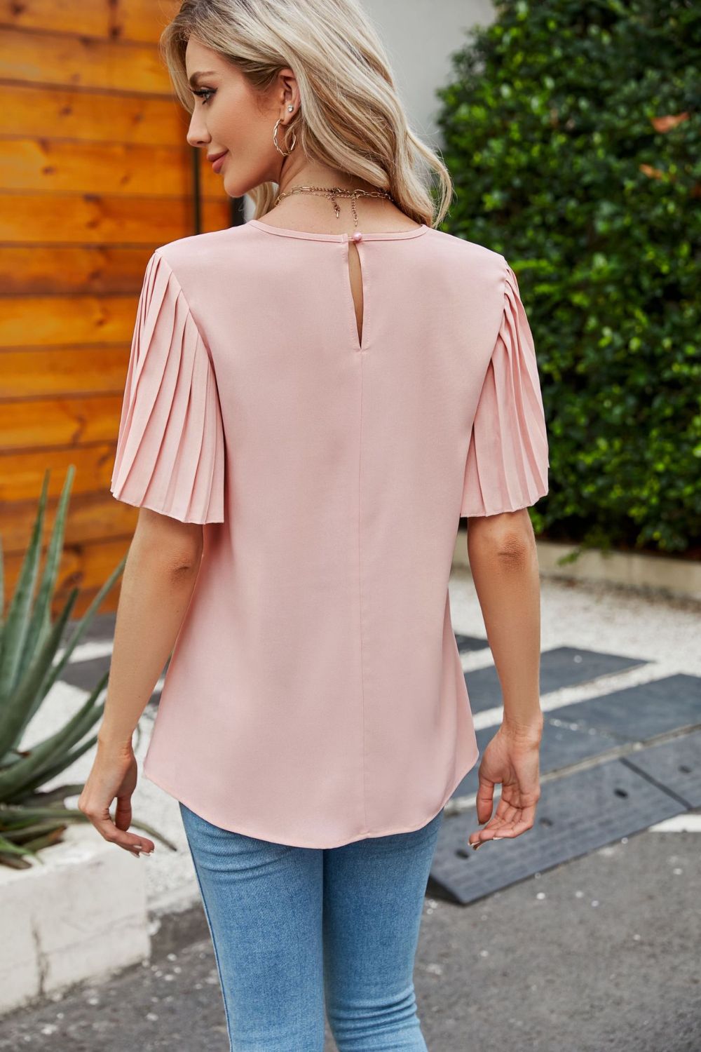 Pleated Flutter Sleeve Round Neck Blouse - Lilixa.store