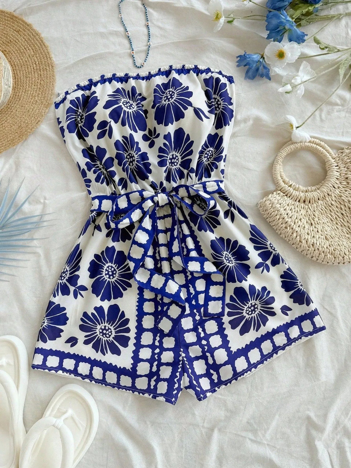 Printed Tube Tie Waist Romper - Lilixa.store