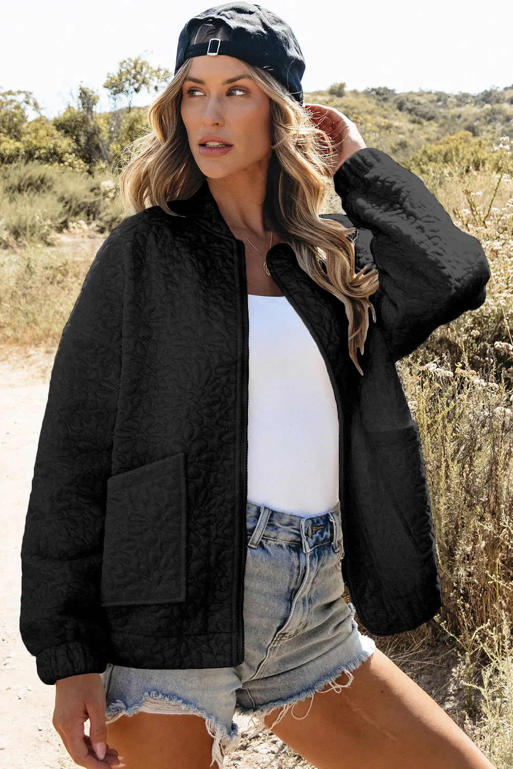 Baseball Collar Floral Quilted Jacket, view 17