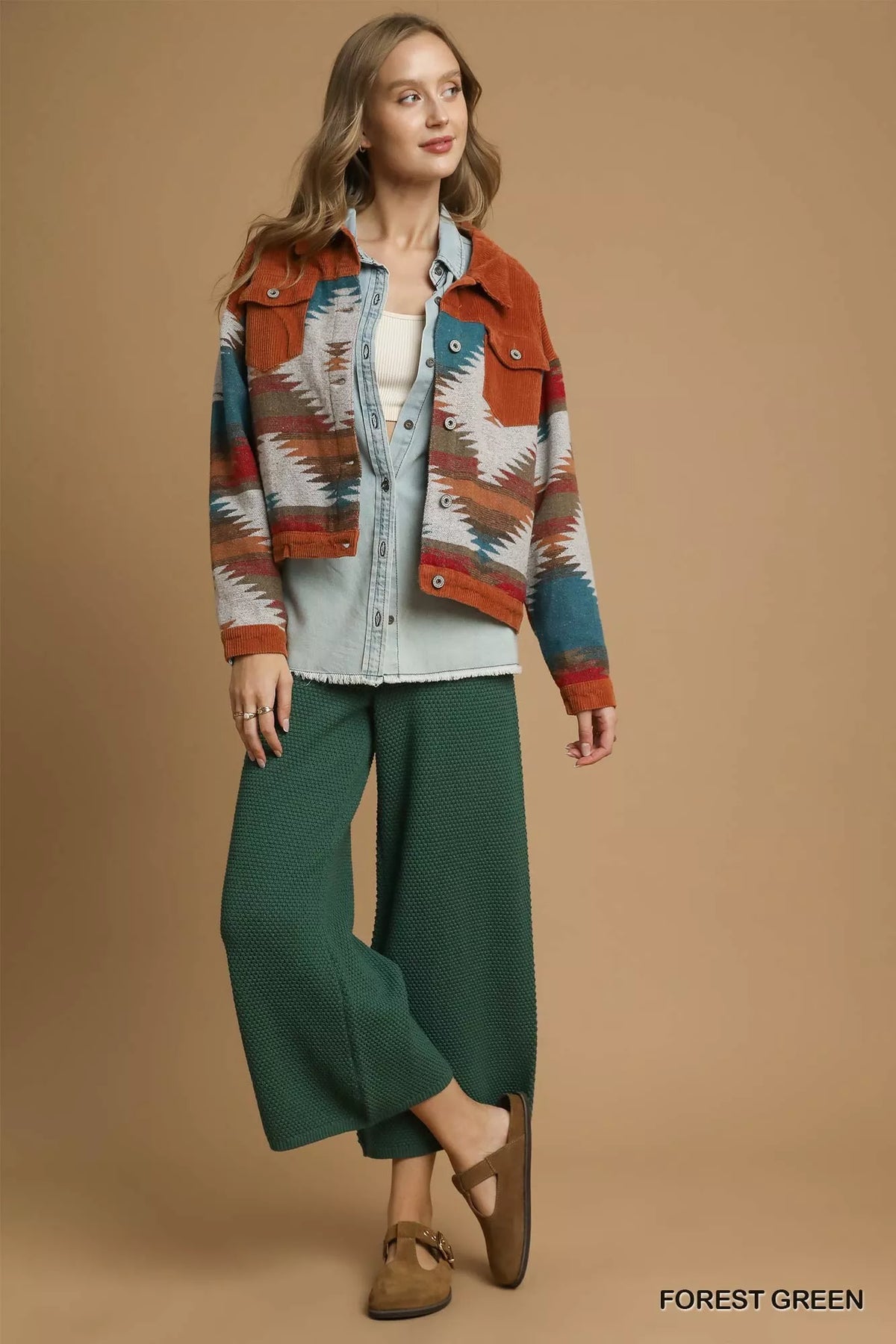 Umgee Textured Knit Wide Leg Pants in Forest Green, view 2