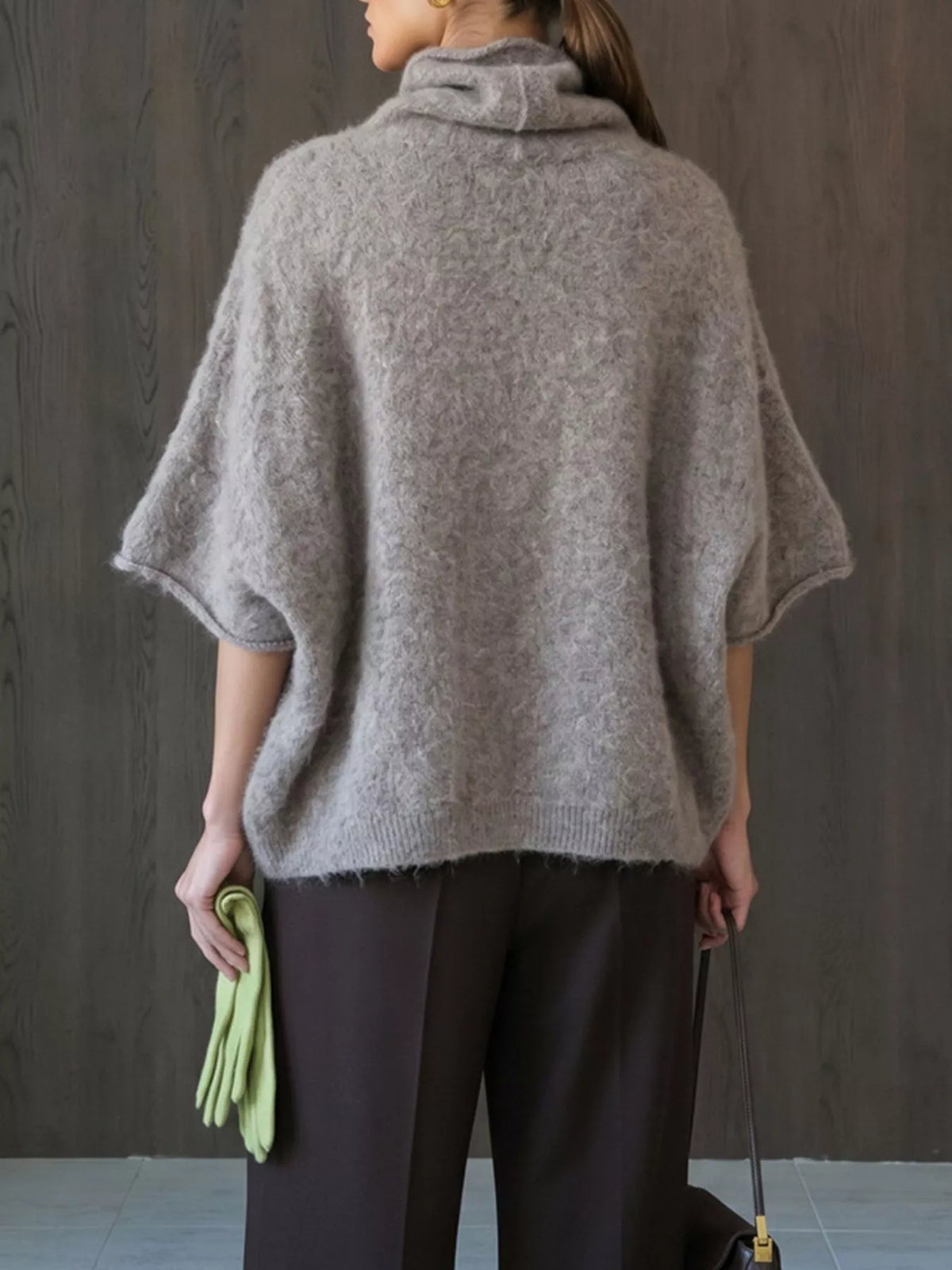 Turtleneck Fuzzy Short Sleeve Sweater, view 10